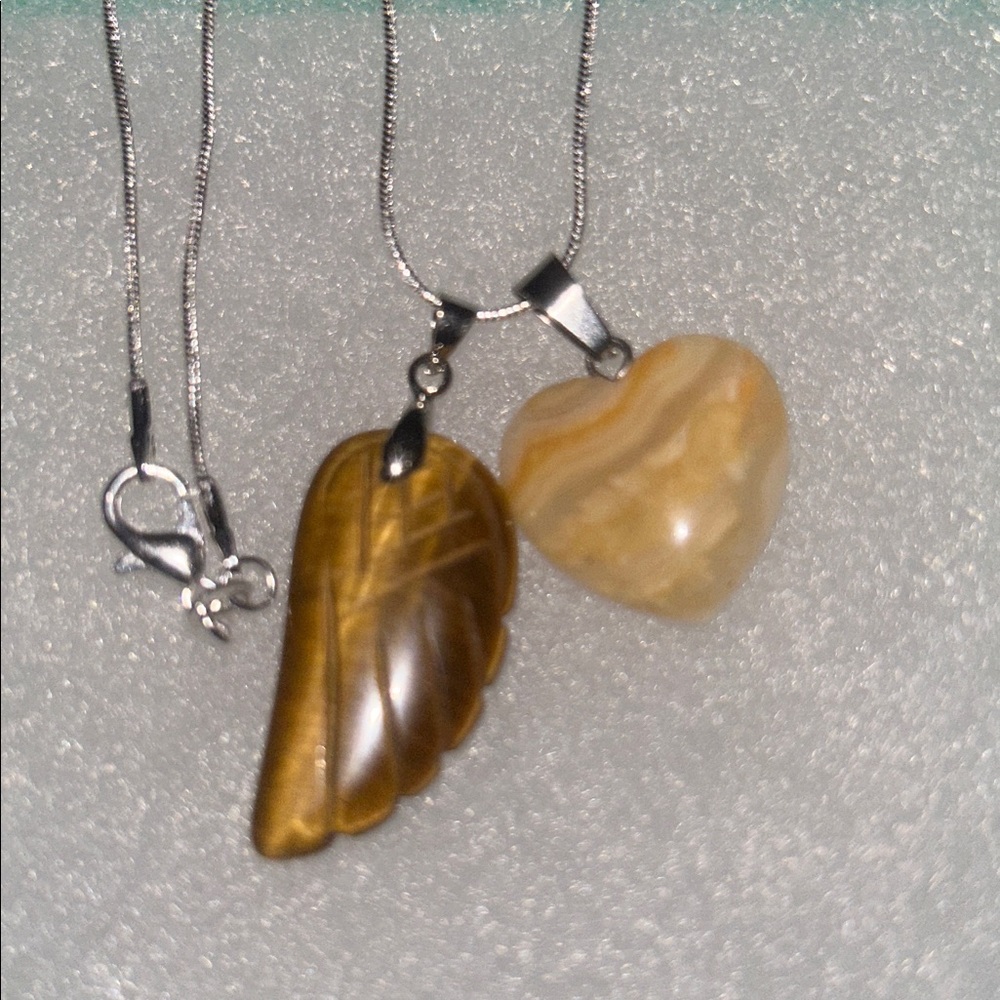 Boho hippie tigers Eye Angel Wing & Agate Heart ❤️ Silver Necklace 30”
